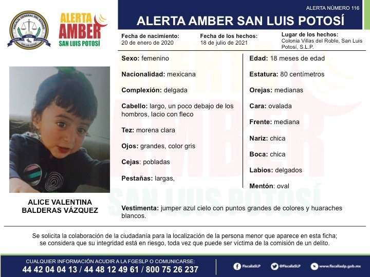 Activan Alerta Amber para localizar a una niña en la capital potosina
