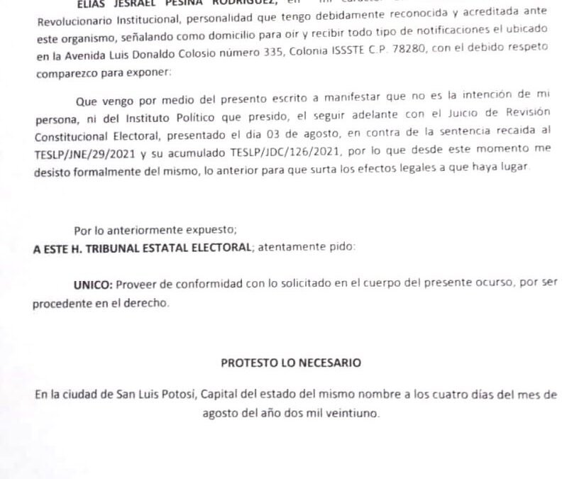 Se retira el PRI de impugnación a la elección de gobernador Elías Pesina reconoce el triunfo de Ricardo Gallardo