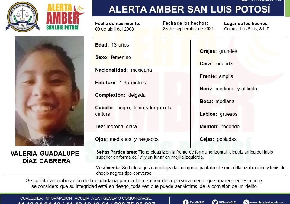 Activa FGE Alerta Amber para localizar a Valeria Guadalupe, una menor de 13 años
