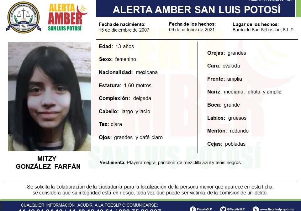 Activa FGE Alerta Amber para localizar a menor de 13 años