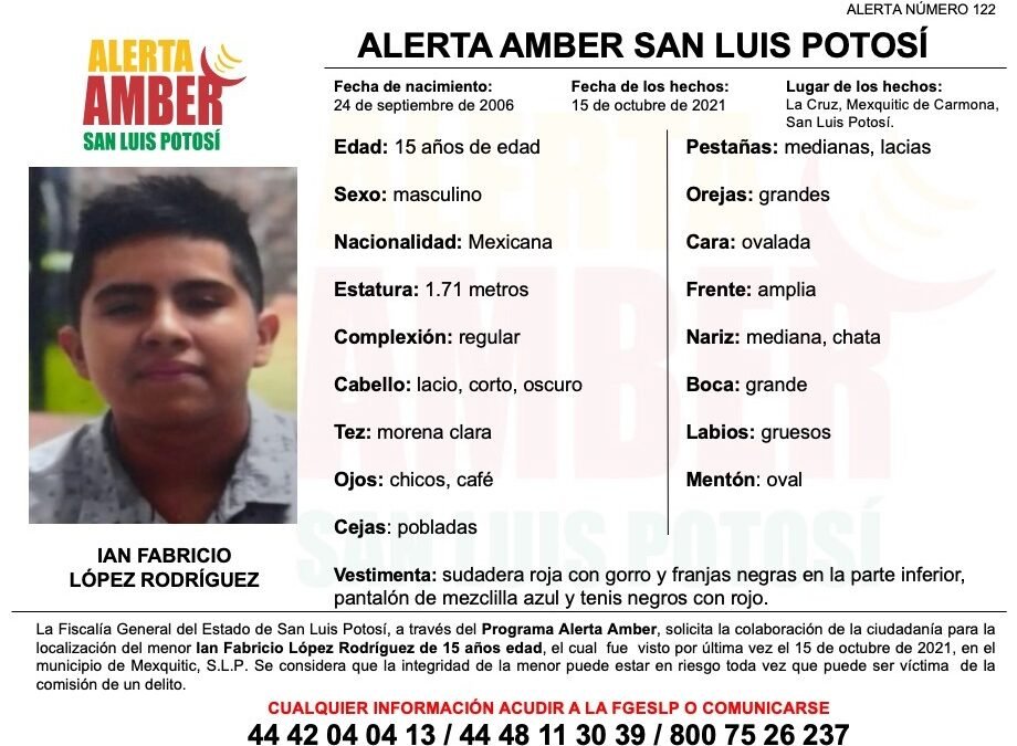 FGE alerta Amber para menor de 15 años de Mexquitic