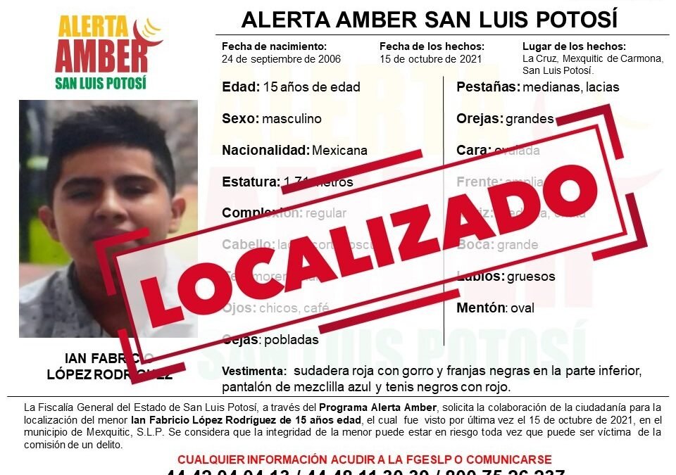 Localiza FGESLP a menor de 15 años que tenía Alerta Amber