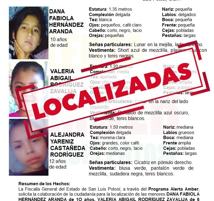 Alerta Amber localiza a tres niñas buscadas en SLP