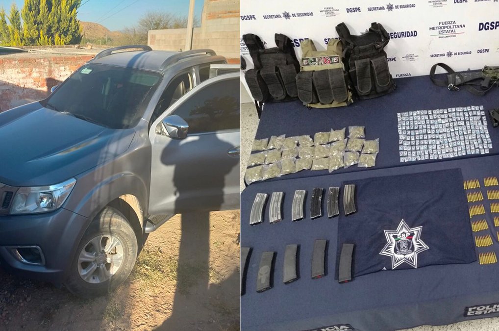 Policía Estatal asegura armas de fuego, droga, equipo táctico y un vehículo con reporte de robo en Villa de Reyes