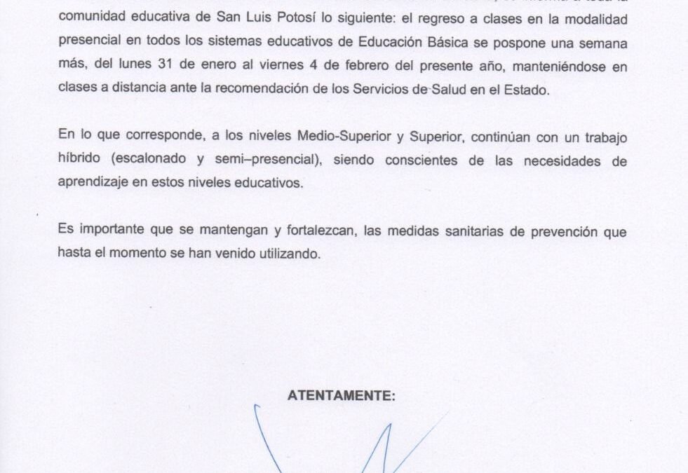 Clases presenciales en educación básica se posponen una semana más