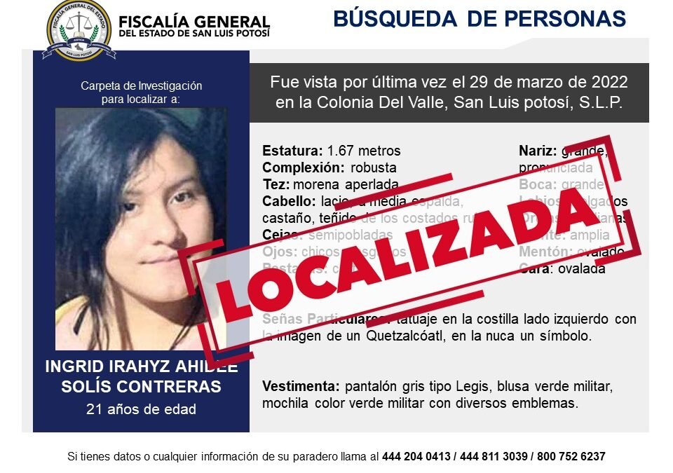 LOCALIZAN A MUJER DE 21 AÑOS CON FICHA DE BÚSQUEDA EN SLP