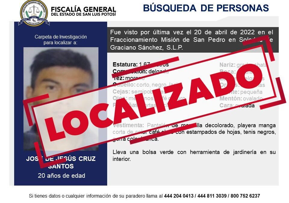Fge reporta localización de un hombre de 20 años en san luis potosí