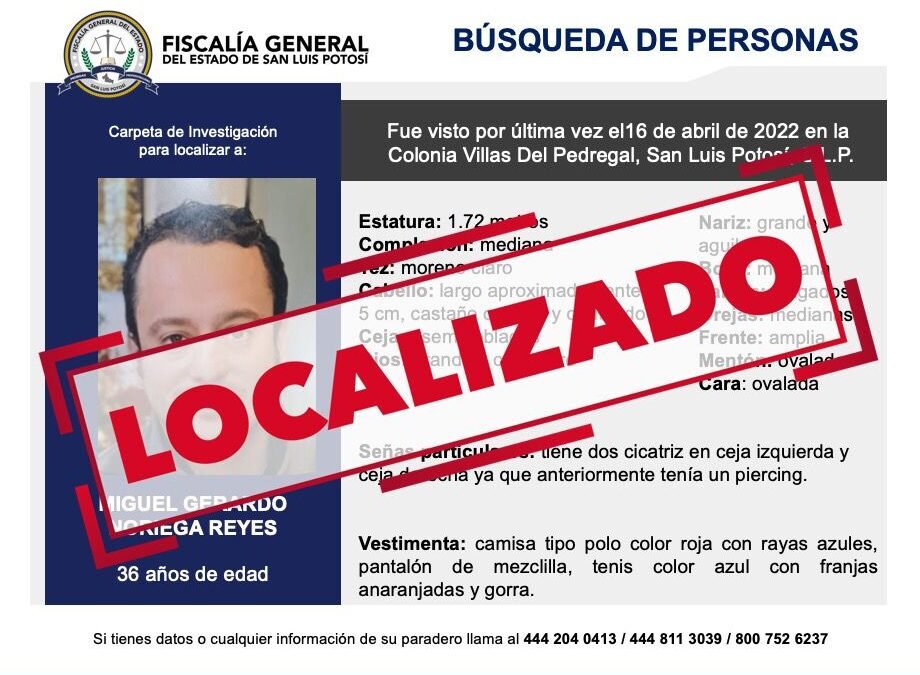 Fge reporta localización de una persona de 36 años en san luis potosí.