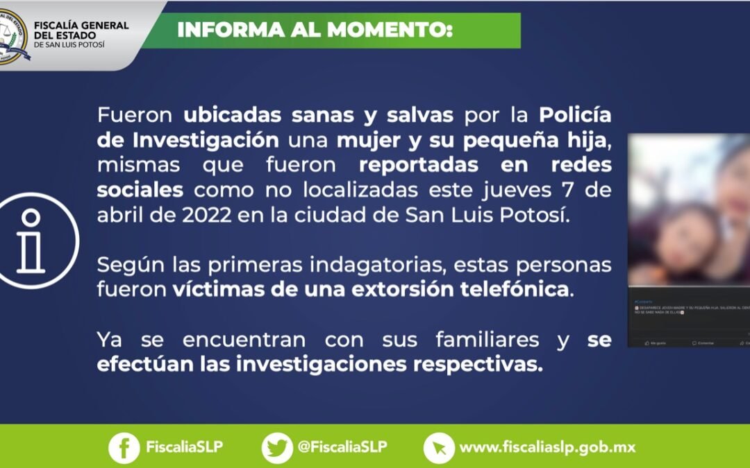 Fiscalía rescata a mujer y su menor hija, víctimas de extorsión
