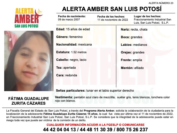FISCALÍA ACTIVA ALERTA AMBER PARA ADOLESCENTE DE 15 AÑOS EN SLP