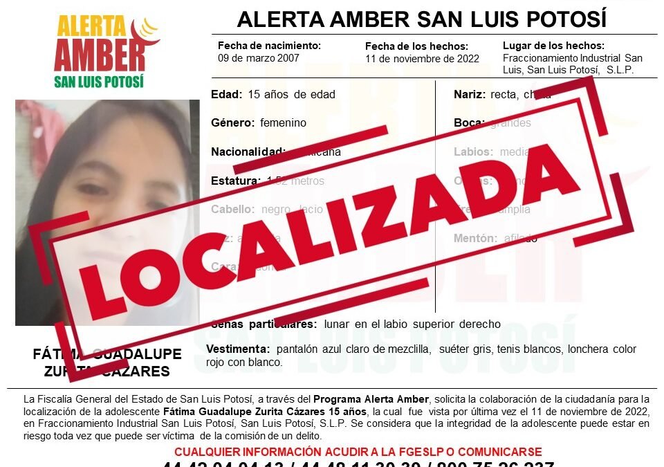 LOCALIZA FGE A ADOLESCENTE CON ALERTA AMBER EN SLP